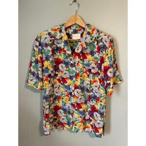 Vintage Geiger Womens Top EU 40 US 10 Colorful Floral Silk Button Up Cottagecore
